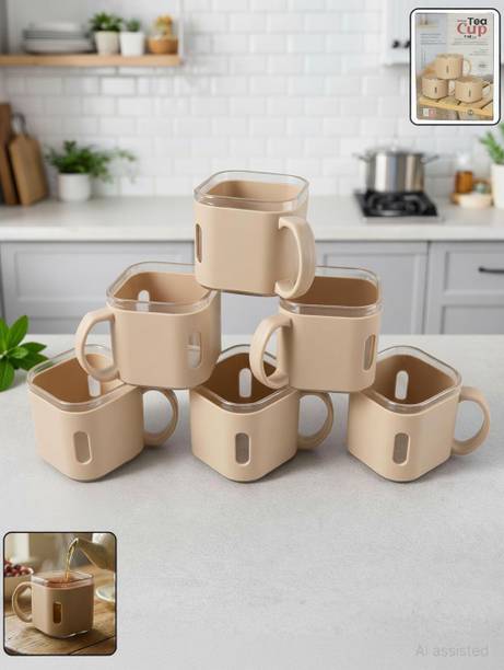 DeoDap Pack of 6 Plastic Premium Square Shape Tea Cup Set | Lightweight Tea Cups | Tea & Cofee Cups 150ML