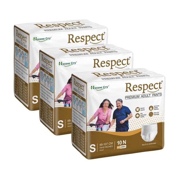 RESPECT Unisex Pull-Up Pants, 10hrs Absorption | Waist Size (19-42inch) | Pack of 3 Pant Diapers - S