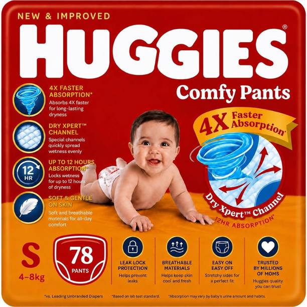 Huggies Comfy Pants Style Baby Diapers 4X Faster Absorption Pant Diapers - S