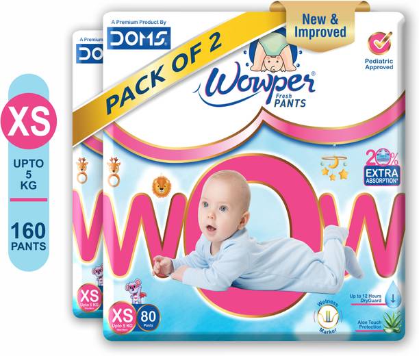 Wowper Fresh Baby Diapers Pants | Upto 12 Hrs Absorbtion | 0-5Kg - XS (160 Pieces) - XS
