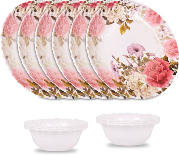 Home-pro Pack of 12 Melamin Royal Rose Lehar Pink Floral Print 6 Full Plates & 6 Bowl Crockery Set Dinner Set