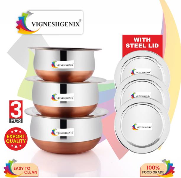 MKIU Handi Set 3 PCS Handi with LID & Steel Handi Set Copper Bottom Serving Bowl Cookware Set