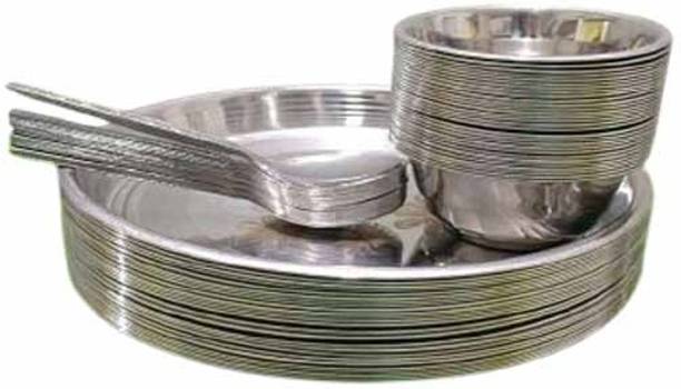 ANUWORD Pack of 9 Stainless Steel 3 Plate 3 bowl 3 spoon Steel Permant Laser Printed Steel Kitchen Set Dinner Set