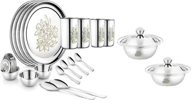 VPSK Pack of 20 Stainless Steel 20 PCs Steel 4 Fullplate,4 Glass ,4 Bowl, 4 Spoon, 2 Donga with spoon) Dinner Set