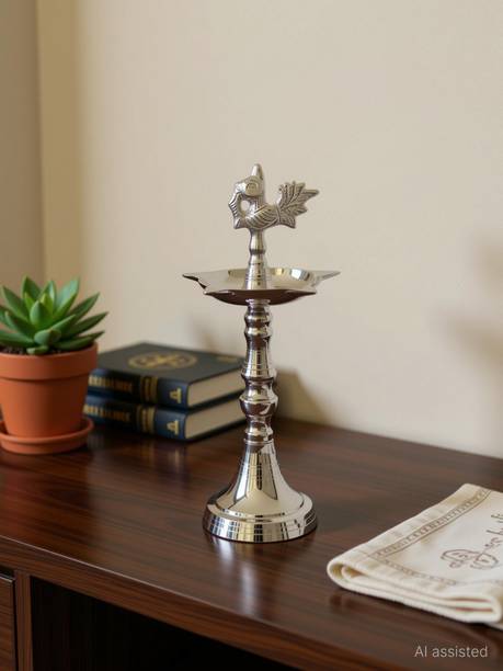 Solino Silver Plated Brass Peacock Kerala Samai Mahabharat Panchmukhi Diya.1 PCS Brass, Silver Plated Table Diya