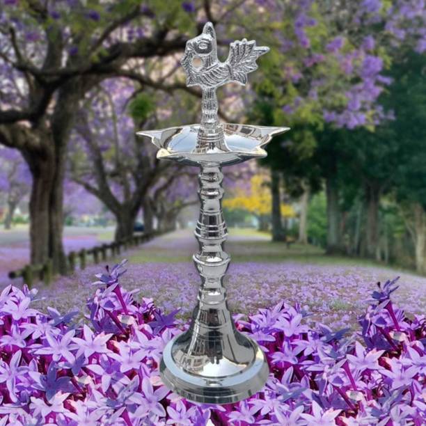 Denique Silver Plated Brass Peacock Kerala Mahabharat Panchmukhi Diya for Puja pack-1 Silver Plated Table Diya