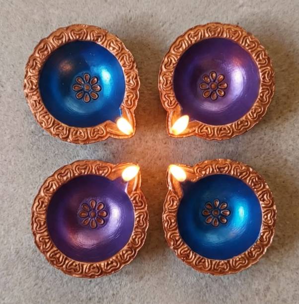 JayDeep Arts Exclusive Hand-Painted Designer Diya for Diwali | Gifting | Festive | Clay Terracotta (Pack of 4) Table Diya Set
