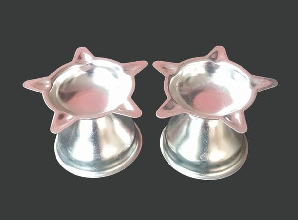 SujArta Diya / Deepa / Deepam Set, Premium Star Neelajan Set for Pooja Aarti, Silver Plated (Pack of 2) Table Diya Set