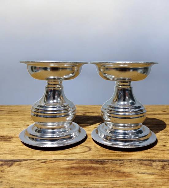 Sigaram German Silver Pooja Thali Diya or Vilakku For Home or Festival Decoration-K4120 Silver Plated (Pack of 2) Table Diya