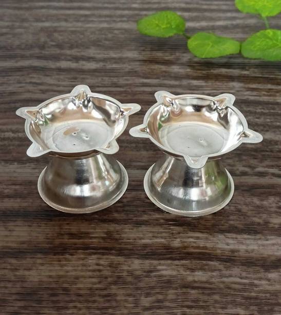 Luckypot German Silver 5 Star Diya For Pooja|Size: 2 inch, Weight: 50 G| Silver Plated (Pack of 2) Table Diya