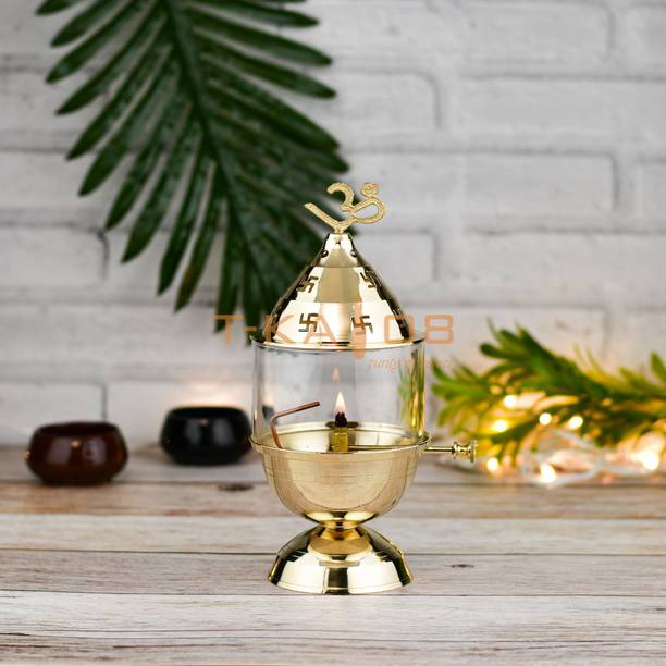 T-KA108 Durga Puja Brass Akhand Jyot with Glass and Wick Lifter" Brass All Day Burn Brass Table Diya Set