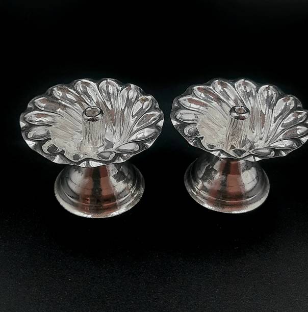 Varalakshmi German silver Diya For Pooja Silver Plated (Pack of 2) Table Diya Set