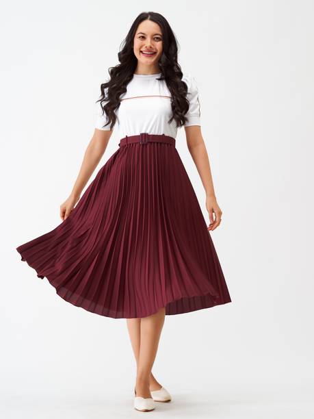 Women Fit and Flare Maroon, White Dress