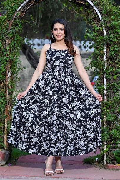 Janki Creation Women Gathered Black Maxi/Full Length Dress