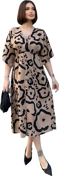 Women A-line Black, Brown Below Knee Dress
