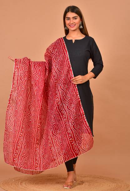 Cotton Blend Floral Print Red Women Dupatta