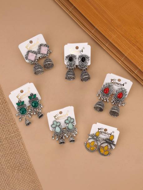 Stylish silver plated jhumkas set of 6 pairs earrings for women & girls Alloy Earring Set, Drops & Danglers, Hoop Earring, Jhumki Earring, Magnetic Earring