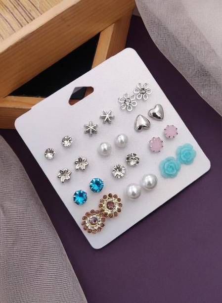 12 Pairs of Trendy Stud Earrings For Women & Girl's Wear at Every Ocassion Alloy Stud Earring