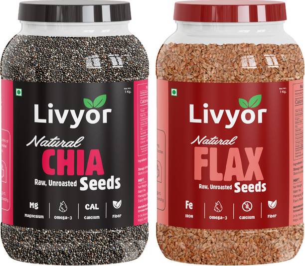 LIVYOR Combo Chia Seeds & Flax Seeds for Weight loss Management- Raw, Protein and Fiber Rich Super Food, Chia Seeds, Brown Flax Seeds
