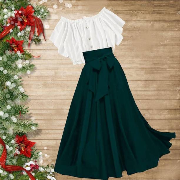 Women Crepe Crop Top Skirt Set Hot Deal