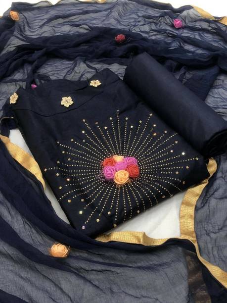 Unstitched Cotton Blend Kurta & Churidar Material Embro...