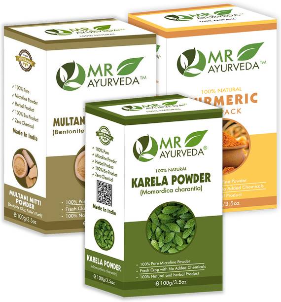 MR Ayurveda Karela Powder, Multani Mitti Powder and Turmeric Face Pack Powder - Set of 3