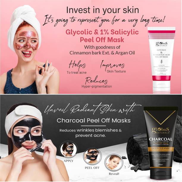 Globus Naturals Anti Acne & Oil Control Peel Off Mask Combo For women-Glycolic & 1% Salicylic Acid & Charcoal Peel off Mask