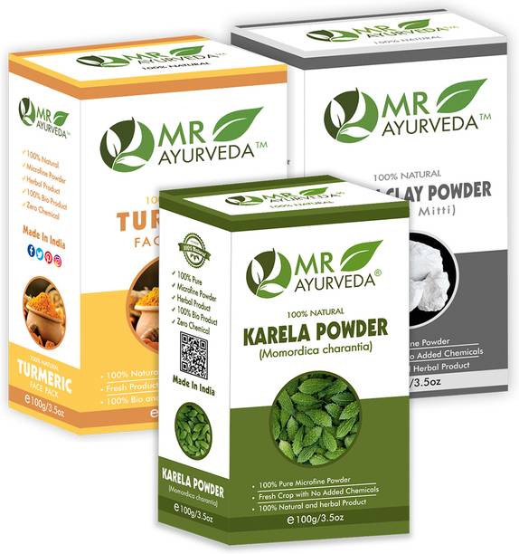MR Ayurveda Karela Powder, Turmeric Face Pack Powder and Kaolin Clay Powder - Pack of 3