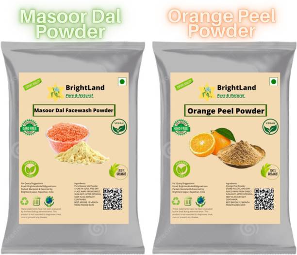Brightland 100% Premium Orange Peel Powder and Masoor Dal (Red Lentils) FacePack Powder For Face & Skin Care [100gm Each]