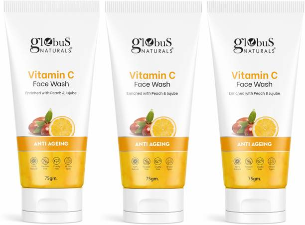 Globus Naturals Anti-Ageing Skin Brightening Vitamin C , Enriched with Peach & Jujube, Skin Illuminating & Tan Removal Formula Face Wash