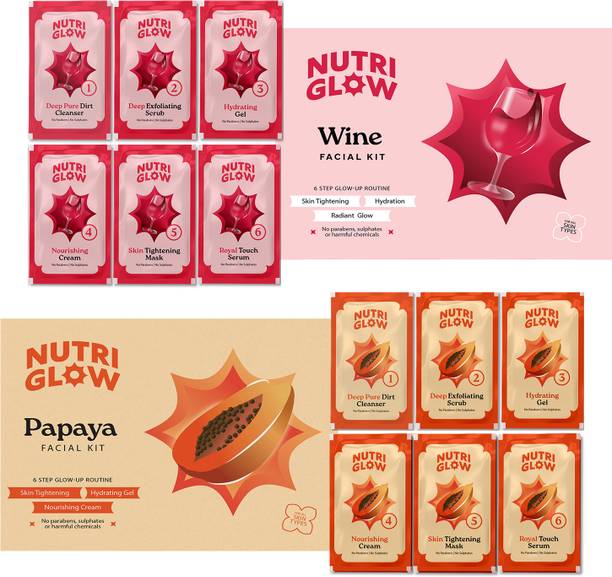 NutriGlow NATURAL'S Advance Pro Formula Wine & Papaya Facial Kit For Blemish Free Fairer Complexion - (60gm Each)