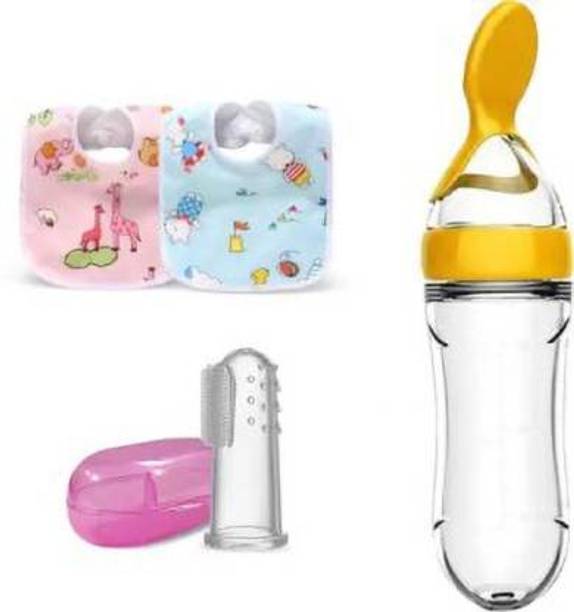 Saraswati kart Baby Spoon Feeding Finger Brush & 2 pcs Bib Water Proof BPA free  - Silicone