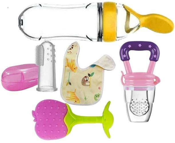 Kidsy Zilla Baby fruit nibbler, teether, finger brush, bib & spoon feeder for feedingTeether