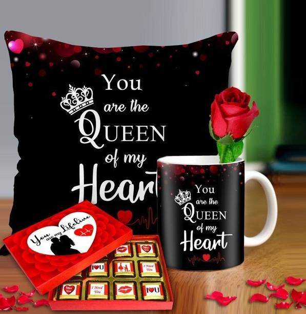 Midiron Valentine Day gifts, Birthday Gift for wife, Birthday gift for Wife, Valentine Gift for Girlfriend, Cushion with Mug, Rose and Milk Chocolate Box (144 gm) Ceramic, Microfibre Gift Box