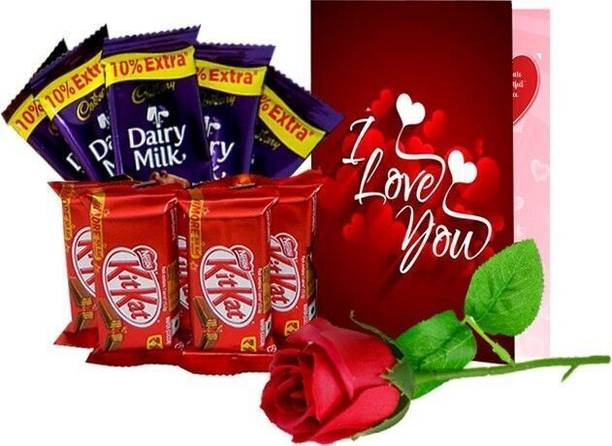 Midiron Chocolate Gift| Valentine Day Chocolate Gift for Girlfriend, Boyfriend, Chocolate Gift for Valentine's Day, Birthday, Anniversary and Other Special Day| Chocolate Gift Set IZ21DM5KitKat5RoseCDLove1-01 Paper Gift Box