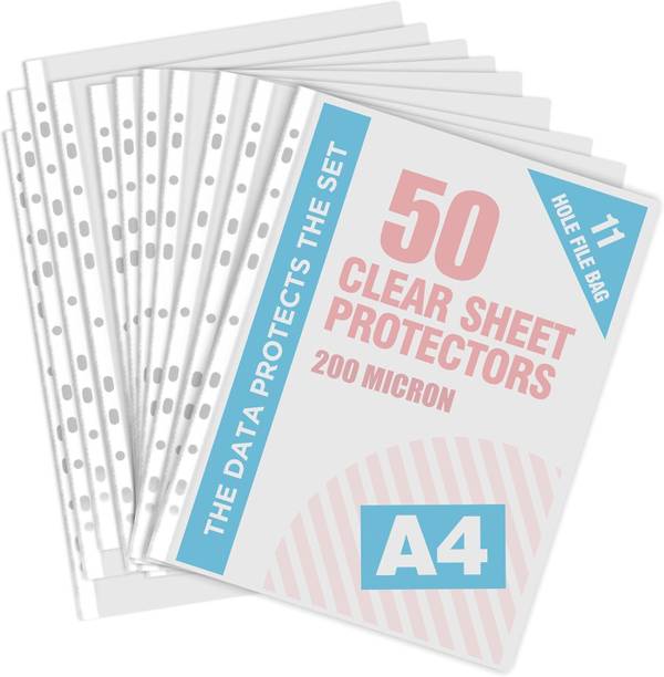 Zuigo PLASTIC Transparent Document Sleeves, Leaf Sheet Clear Certificates, Waterproof Sheet Protectors 11 Holes Punched Ring Files Folder (A4 Size)Heavy Duty 50 Pcs 200 Micron