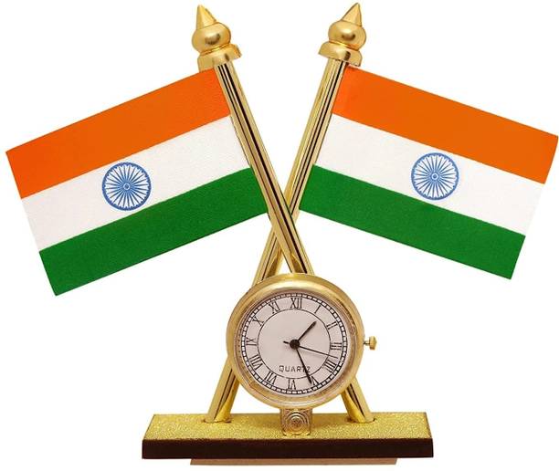 flage Indian Flag with Quartz Watch for Car Dashboard, Office Table, Study Table Triangle Car Dashboard Flag