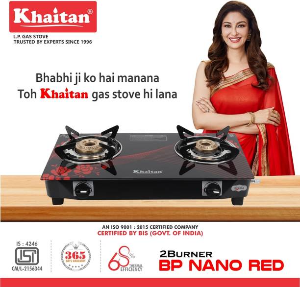 Khaitan 2 Burner BP-NANO MS Red Digital Toughened Glass Manual Gas Stove