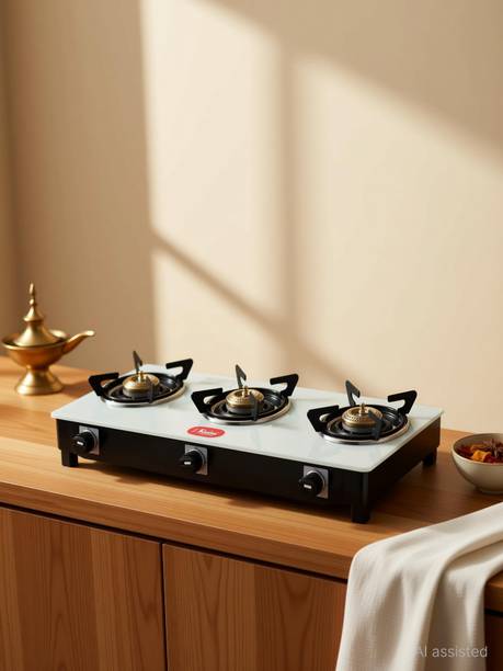 Khaitan 3 Burner GIO-BT MS Full White Toughened Glass Manual Gas Stove