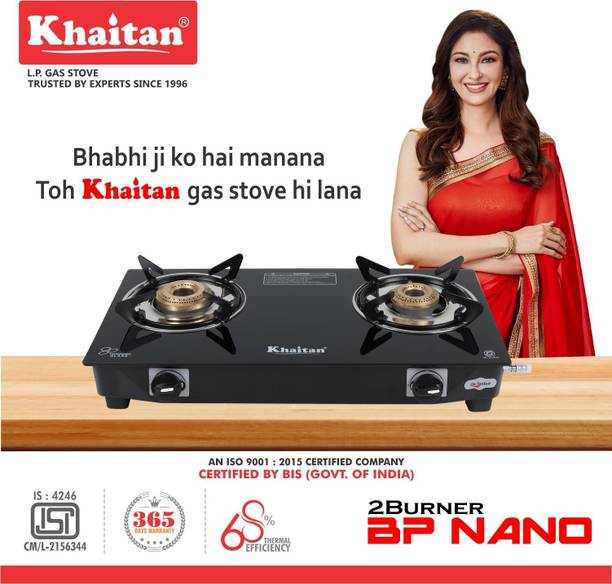 Khaitan 2 Burner BP-NANO MS Black Toughenend Glass Manual Gas Stove