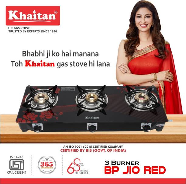 Khaitan 3 Burner BP-GIO MS Red Digital Toughened Glass Manual Gas Stove