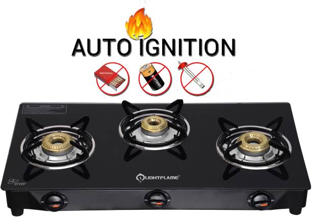 LIGHTFLAME 3 Burner Smart automatic ISI Certified Toughened Glass With 1 Year Warranty Glass Automatic Gas Stove