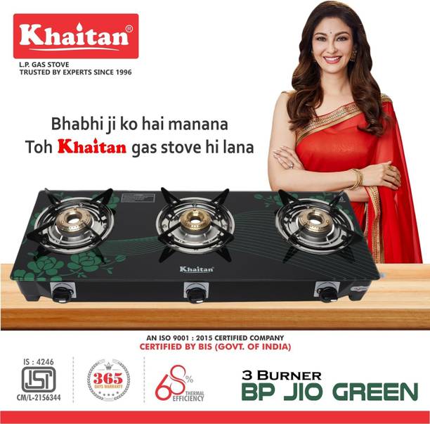 Khaitan 3 Burner BP-GIO MS Green Digital Toughend Glass Manual Gas Stove