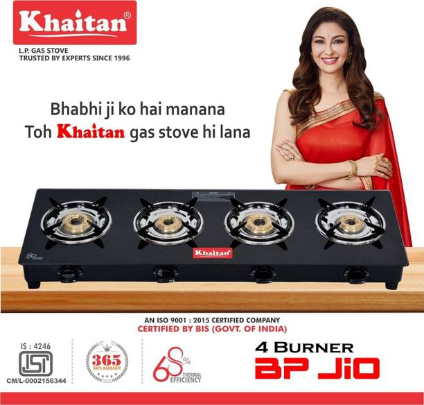 Khaitan 4B BP GIO Black Toughened Glass Manual Gas Stove