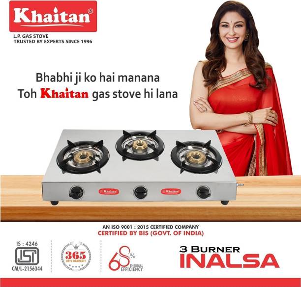 Khaitan 3 Burner INALSA Stainless Steel Manual Gas Stove