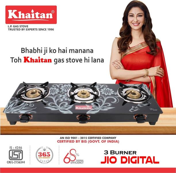 Khaitan byKhaitan 3 Burner BP-GIO MS White Digital ISI Marked Toughened Glass Manual Gas Stove