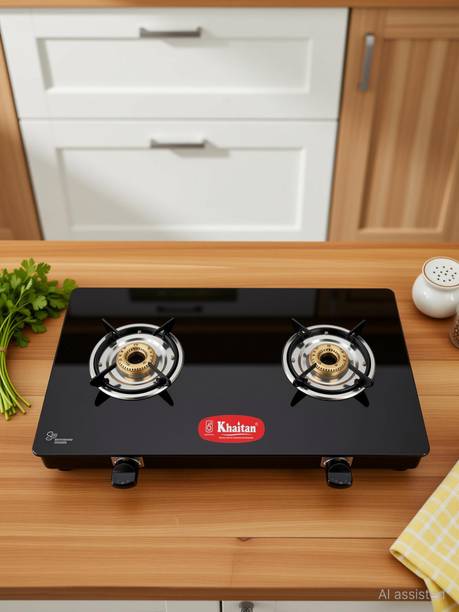 Khaitan 2 Burner PREMIUM Black Toughened Glass Manual Gas Stove