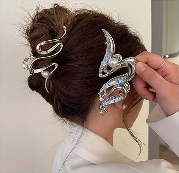 Dreamish Imitation Silver Plated Metal Hair Clutcher for Casual & Party Wear|Pack of 2| Hair Clip