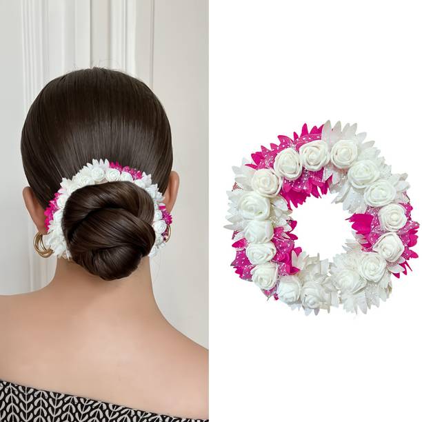 VIVIAN Rose Petal Flower Tiara Gajra Hair Juda For Women (Pink) Hair Accessory Set