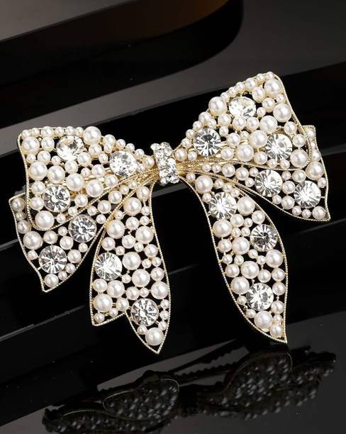 Ashkash Women Gold-Toned & White Embellished Bow-Shaped Alligator Hair Clip Hair Clip